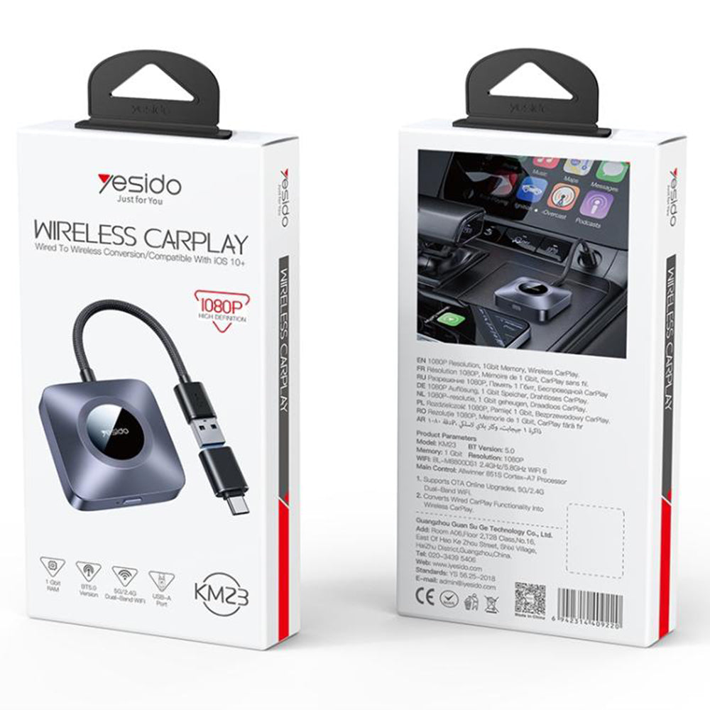 Yesido - Wireless CarPlay Adapter (KM23) - for Apple, with USB to Type-C Cable, Bluetooth V5.0, 1080P - Grey