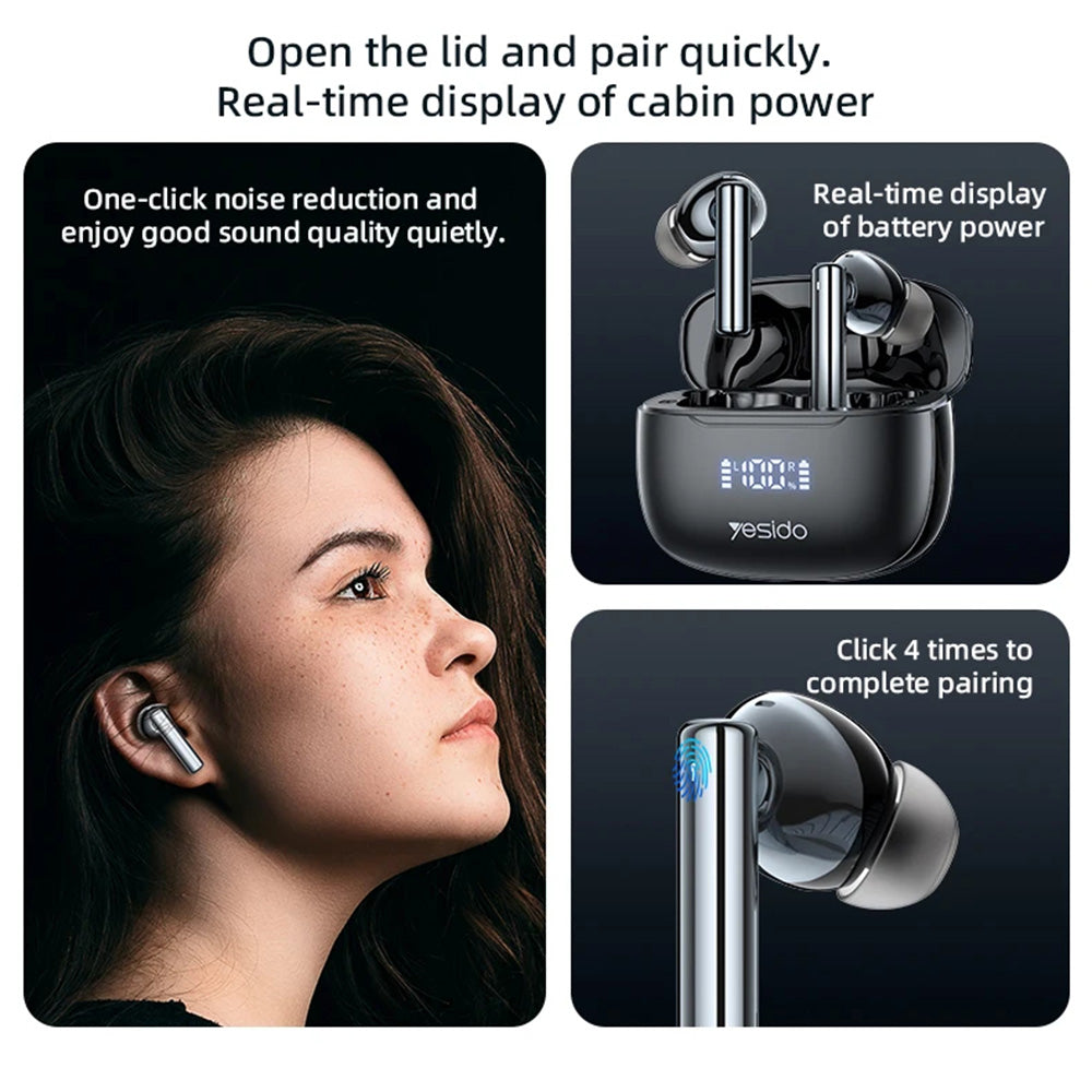 Yesido - Wireless Earbuds (TWS23) - with Noice Cancelling, Touch Control, Bluetooth V5.3, In-ear Design, 300mAh - Black