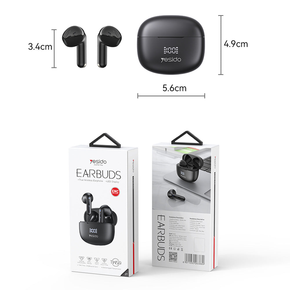 Yesido - Wireless Earbuds (TWS19) - with ENC, Touch Control, Bluetooth V5.3, LED Display, Half-In-ear Design, 470mAh - B