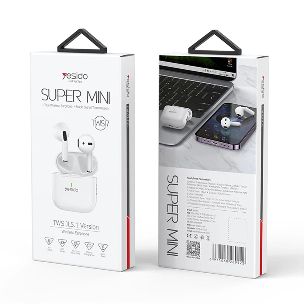 Yesido - Wireless Earbuds (TWS17) - with Bluetooth V5.1, Half-In-ear Design, 200mAh, Type-C - White
