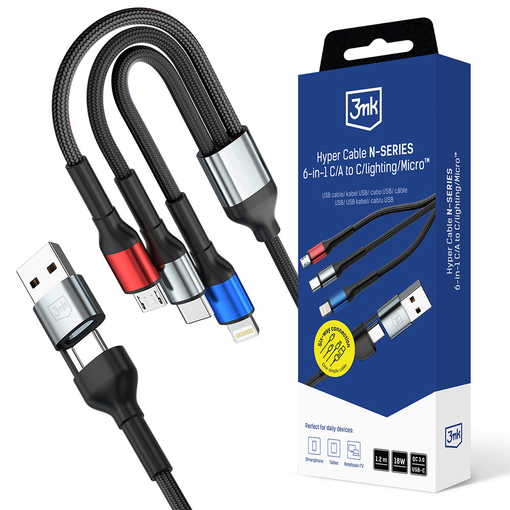 3mk - Data Cable Hyper N-Series 6in1 - USB-C/USB Male, USB-C Female to USB-C, Lightning, Micro, 18W, 9V/2A, 1.2m - Black