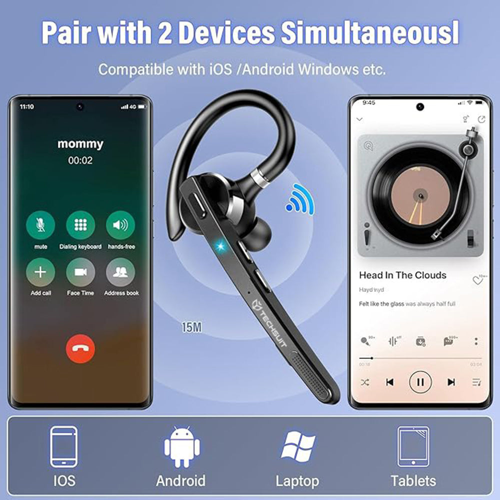 Techsuit - Premium Bluetooth Headset TalkZen (G9) - HandsFree, BT5.1, Dual Noise Cancelling Microphone, 500mAh, 72hrs - 