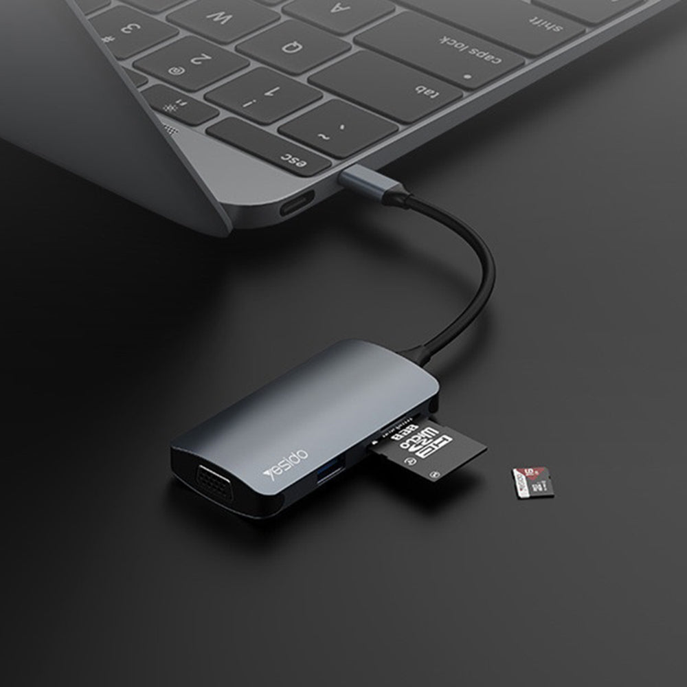 Yesido - Docking Station 7in1 (HB16) - Type-C to 1x USB3.0, 2x USB2.0, TF/SD Card, 1x VGA, 1x Type-C, 5Gbps, PD100W  - G