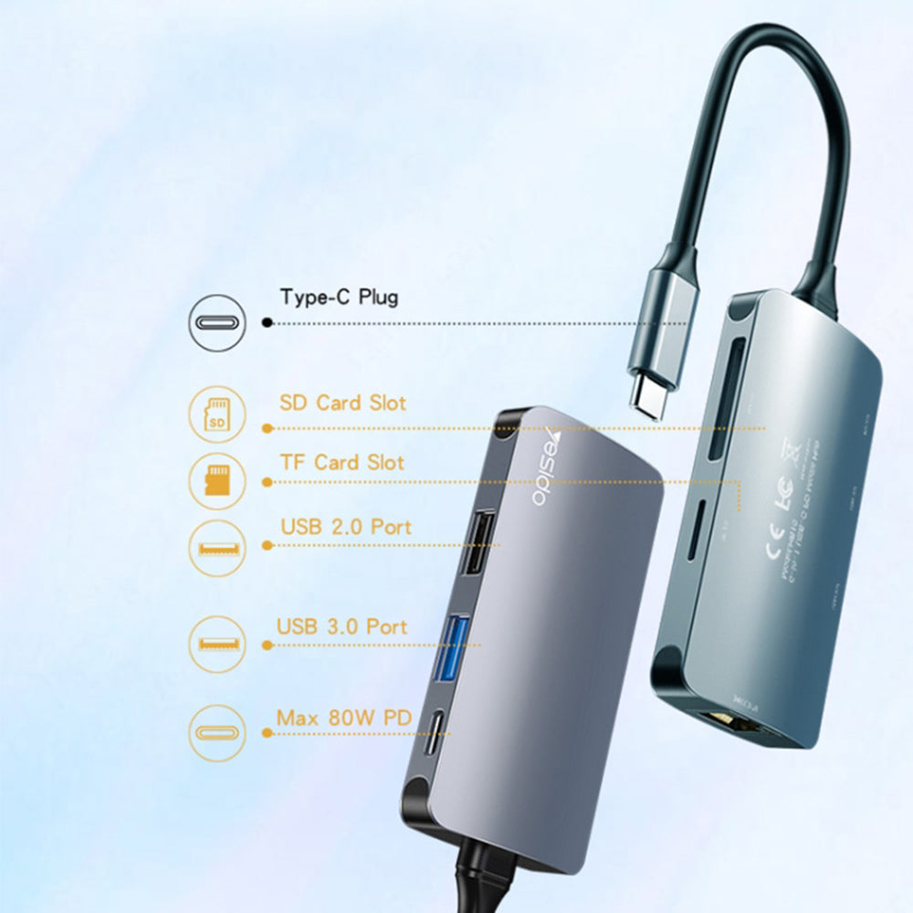 Yesido - Docking Station (HB15) - Type-C to 2x USB, USB-C, SD/TF Card, RJ45, 1000Mbps, Plug & Play - Gray