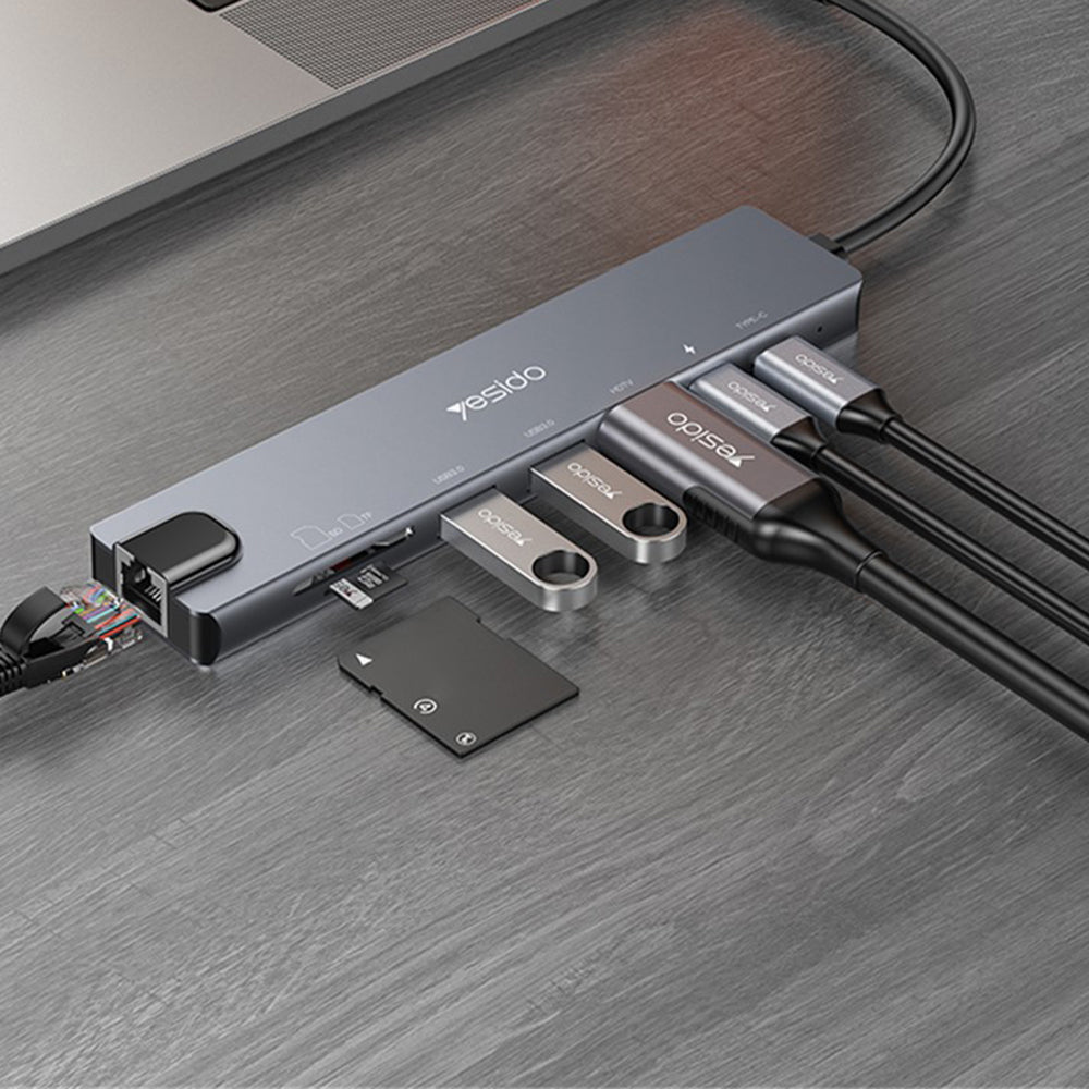Yesido - Docking Station 8in1 (HB27) - Type-C to 2x USB, 2x USB-C, HDMI, RJ45, TF/SD, PD100W, Fast Charge, 4K@30Hz - Gra