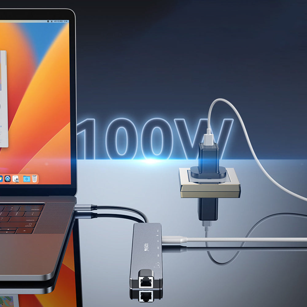 Yesido - Docking Station 8in1 (HB27) - Type-C to 2x USB, 2x USB-C, HDMI, RJ45, TF/SD, PD100W, Fast Charge, 4K@30Hz - Gra
