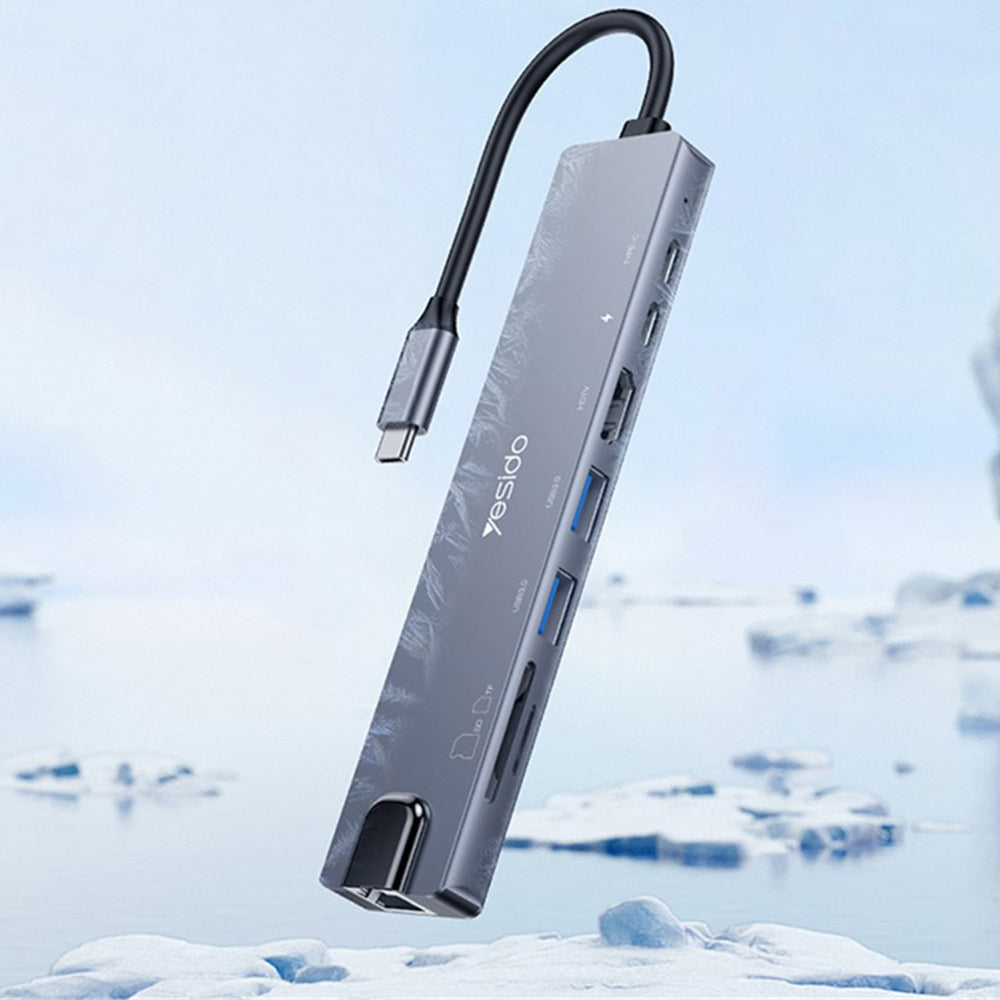 Yesido - Docking Station 8in1 (HB27) - Type-C to 2x USB, 2x USB-C, HDMI, RJ45, TF/SD, PD100W, Fast Charge, 4K@30Hz - Gra