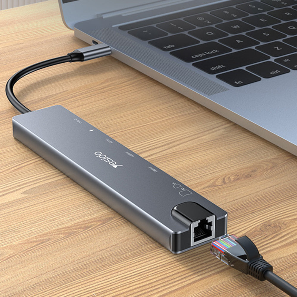 Yesido - Docking Station 8in1 (HB27) - Type-C to 2x USB, 2x USB-C, HDMI, RJ45, TF/SD, PD100W, Fast Charge, 4K@30Hz - Gra