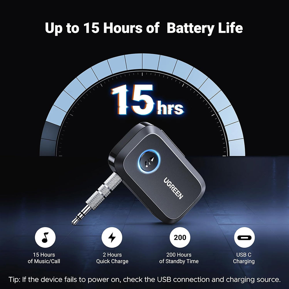 Ugreen - Bluetooth Audio Receiver (CM596) - for Car, Audio Adapter 3.5mm with Built-in Microphone, EDR, Bluetooth 5.3 - 