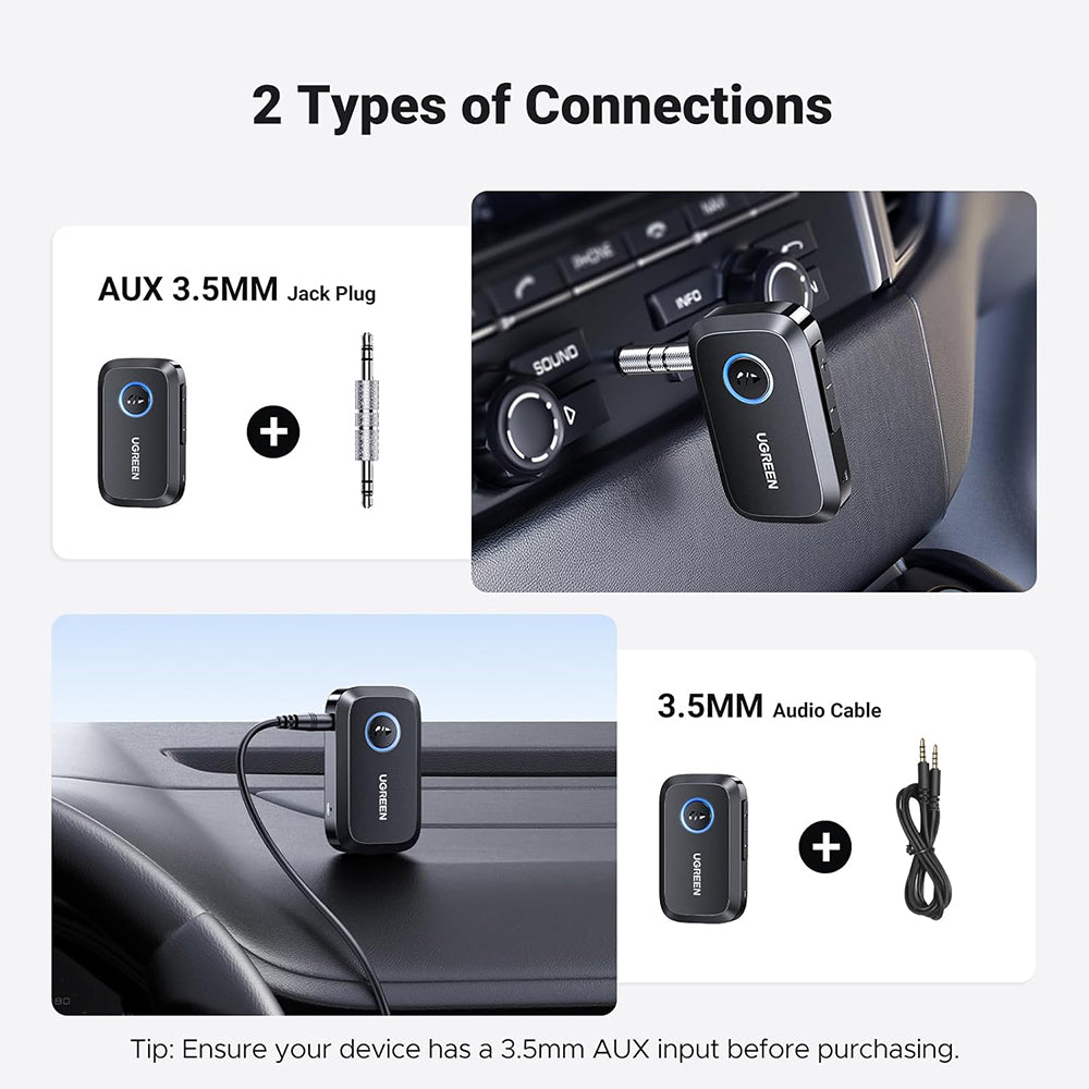 Ugreen - Bluetooth Audio Receiver (CM596) - for Car, Audio Adapter 3.5mm with Built-in Microphone, EDR, Bluetooth 5.3 - 