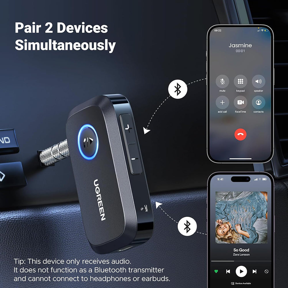 Ugreen - Bluetooth Audio Receiver (CM596) - for Car, Audio Adapter 3.5mm with Built-in Microphone, EDR, Bluetooth 5.3 - 