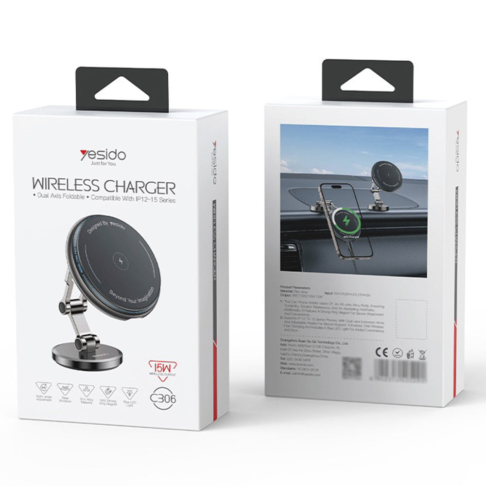 Yesido - Car Holder with Wireless Charging (C306) - for Dashboard, Anti Shake, Zinc Alloy, 15W - Black