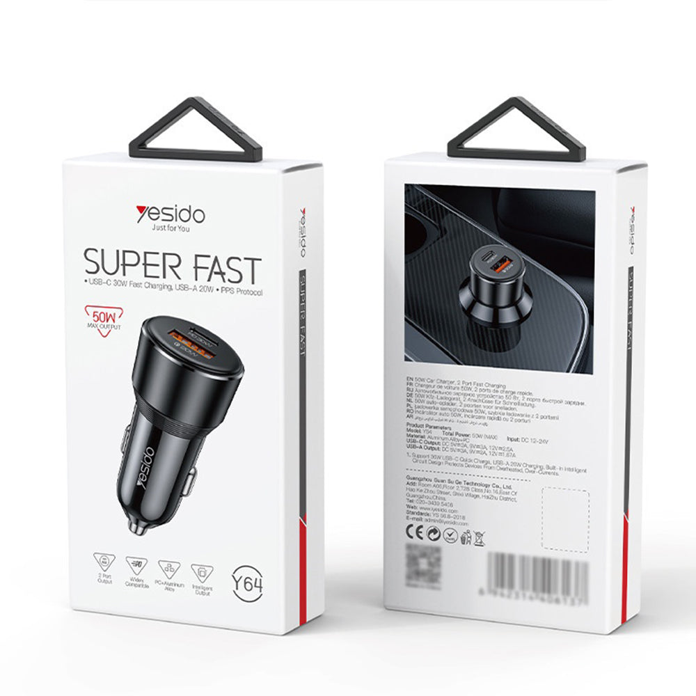 Yesido - Car Charger (Y64) - Dual-Port USB-A + Type-C, 50W, Multi Protection, Fast Charging - Black
