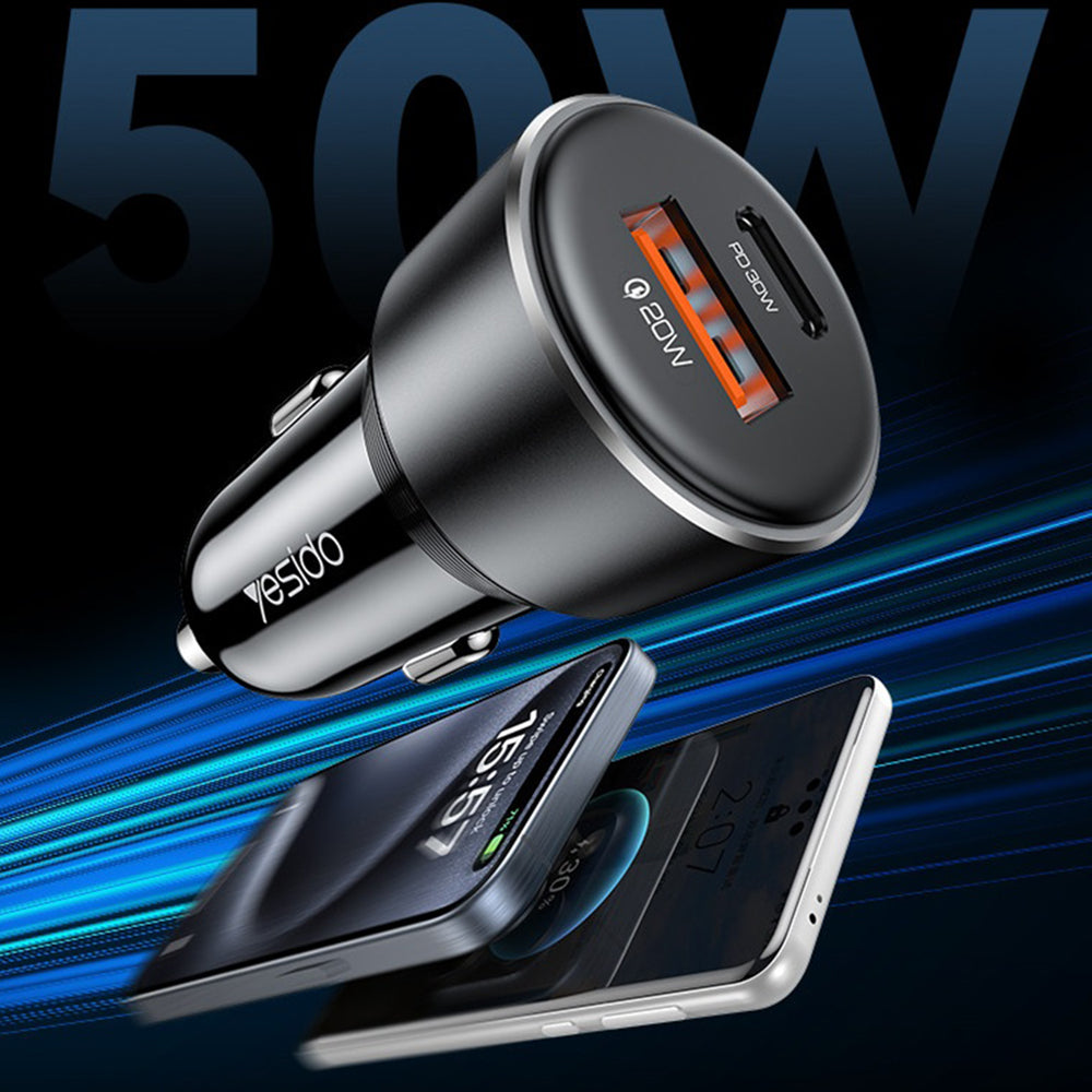 Yesido - Car Charger (Y64) - Dual-Port USB-A + Type-C, 50W, Multi Protection, Fast Charging - Black