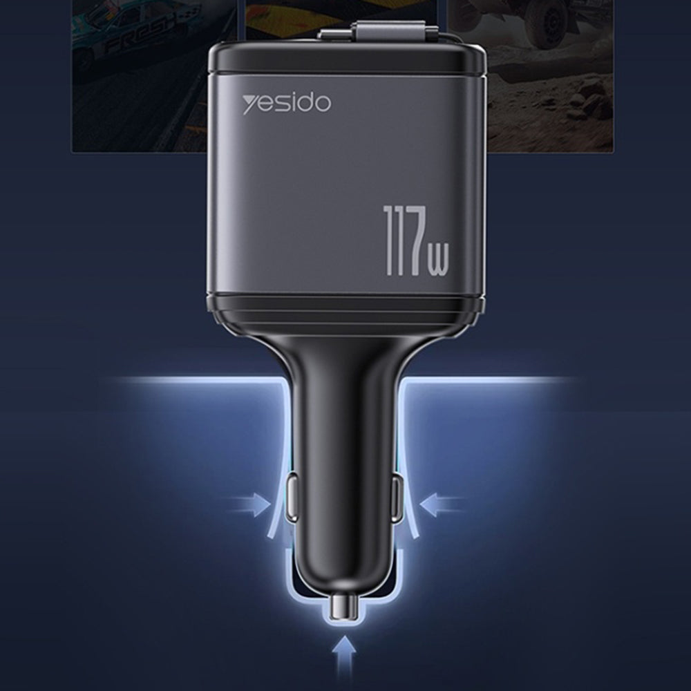 Yesido - 4in1 Car Charger (Y63) - with 2x Retractable Cable, LED Ambient Light, Fast Charging, 117W - Grey