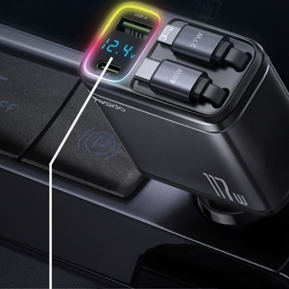 Yesido - 4in1 Car Charger (Y63) - with 2x Retractable Cable, LED Ambient Light, Fast Charging, 117W - Grey