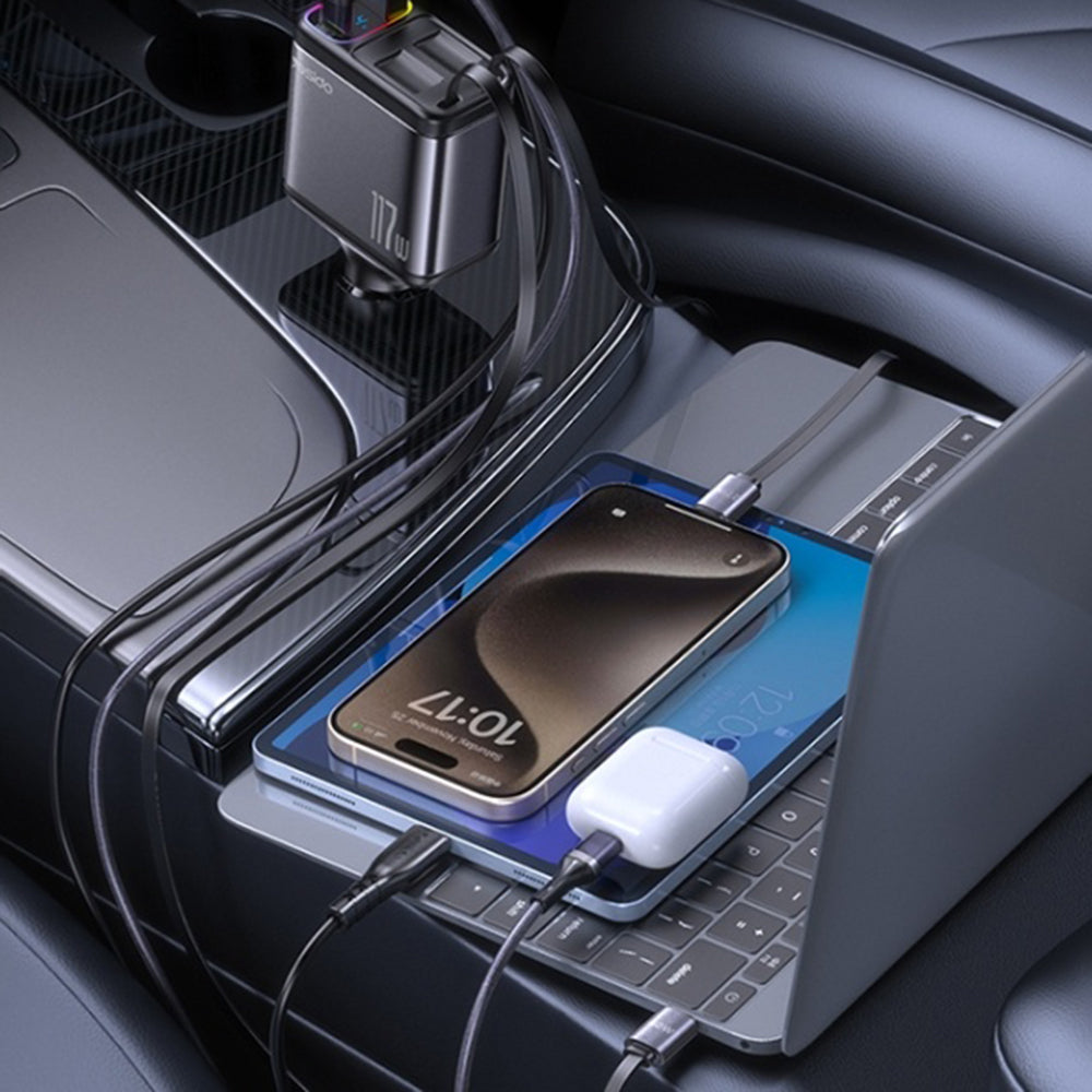 Yesido - 4in1 Car Charger (Y63) - with 2x Retractable Cable, LED Ambient Light, Fast Charging, 117W - Grey