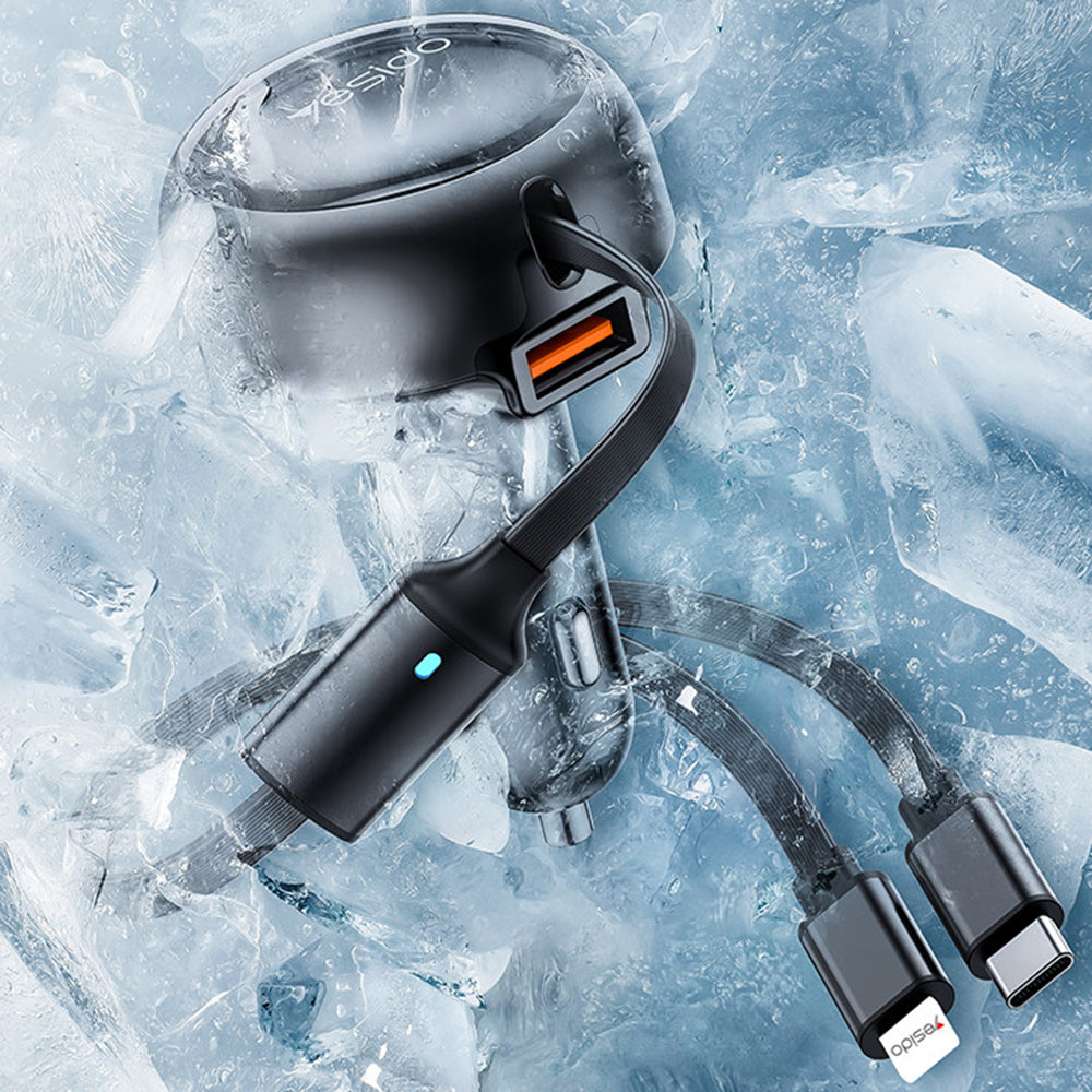 Yesido - Car Charger (Y61) - with 2x Telescopic Retractable Cable Type-C/Lightning, Fast Charging, USB-A, 53W - Black