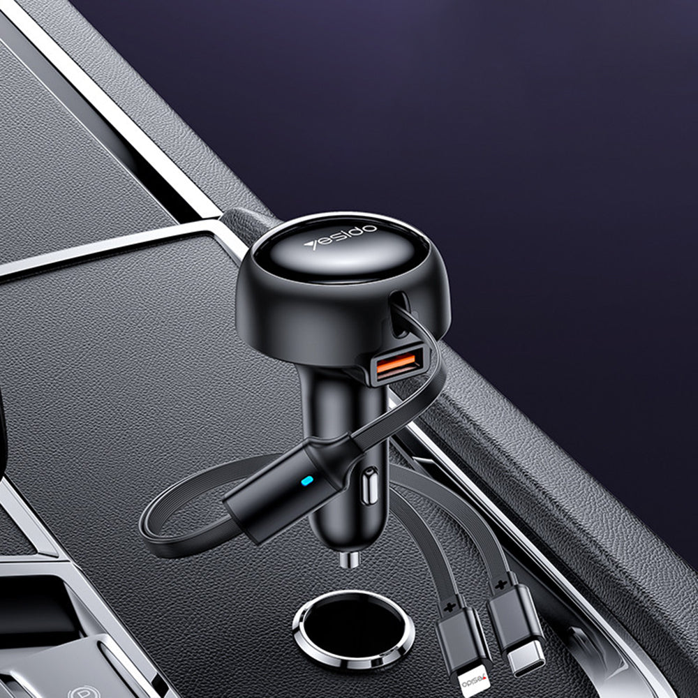 Yesido - Car Charger (Y61) - with 2x Telescopic Retractable Cable Type-C/Lightning, Fast Charging, USB-A, 53W - Black