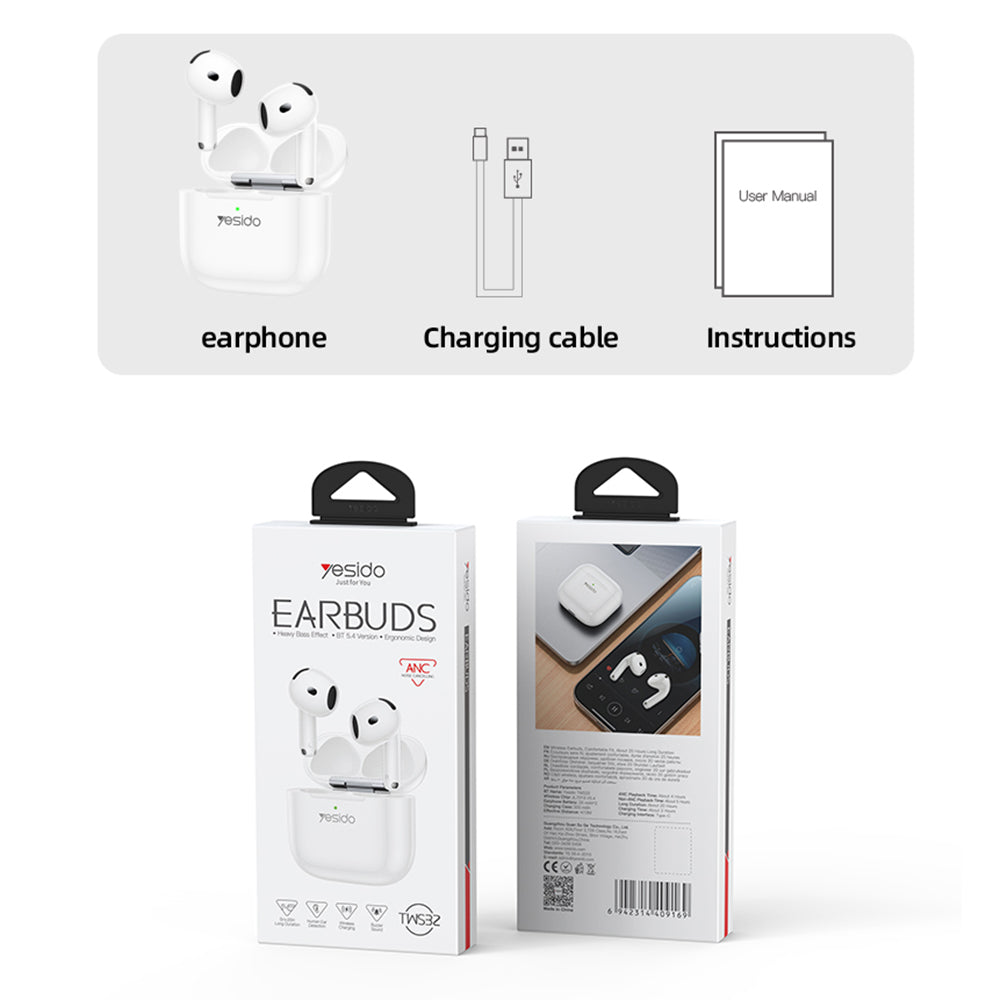 Yesido - Wireless Earbuds (TWS32) - with ANC, Microphone, Bluetooth 5.4, Half-In-ear Design, 300mAh - White