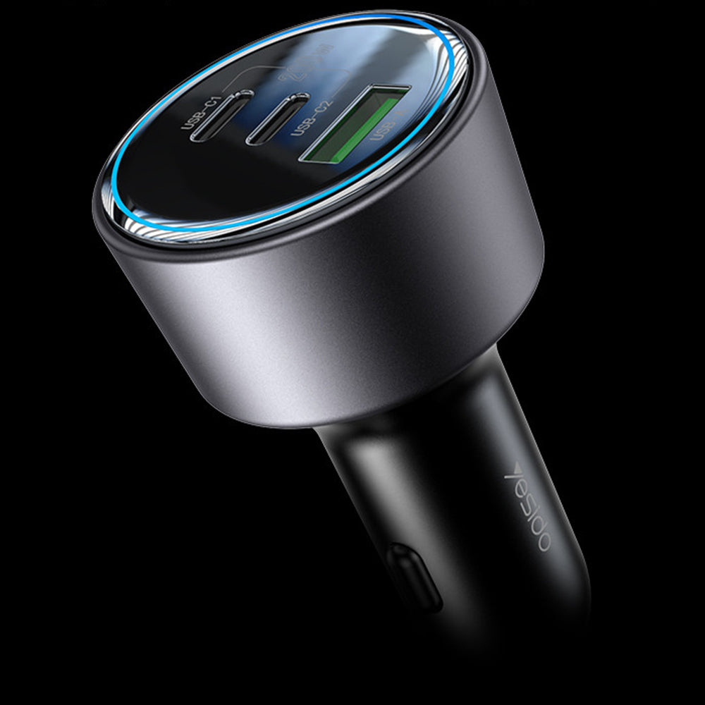 Yesido - Car Charger (Y59) - 2x Type-C, USB-A, 200W, Fast Charging, Multi Protection, Built-in Colorful Light - Black