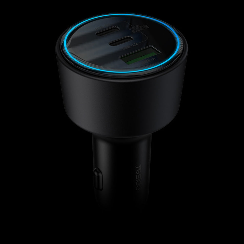 Yesido - Car Charger (Y59) - 2x Type-C, USB-A, 200W, Fast Charging, Multi Protection, Built-in Colorful Light - Black