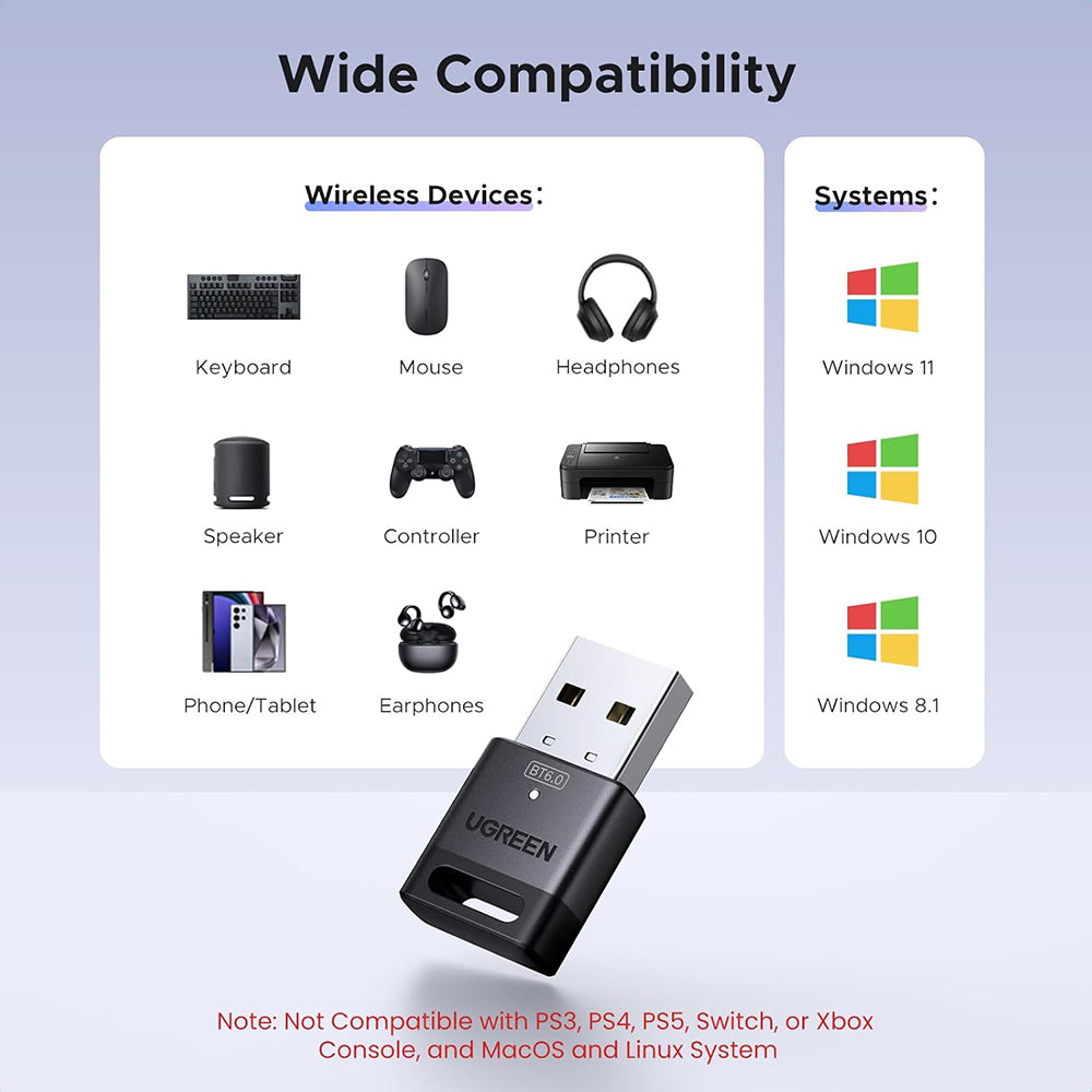 Ugreen - Wireless Adapter (75073) - USB, Bluetooth 6.0, Plug & Play, for Windows 11/10/8.1, EDR, BLE Technology - Black