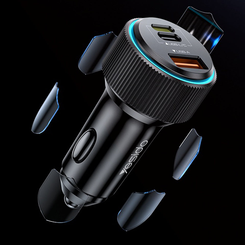 Yesido - Car Charger (Y60) - Cable Type-C to Lightning Included, Lightning/USB-A/USB-C Ports, 38W, Fast Charging - Black