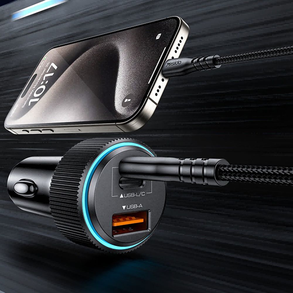 Yesido - Car Charger (Y60) - Cable Type-C to Lightning Included, Lightning/USB-A/USB-C Ports, 38W, Fast Charging - Black