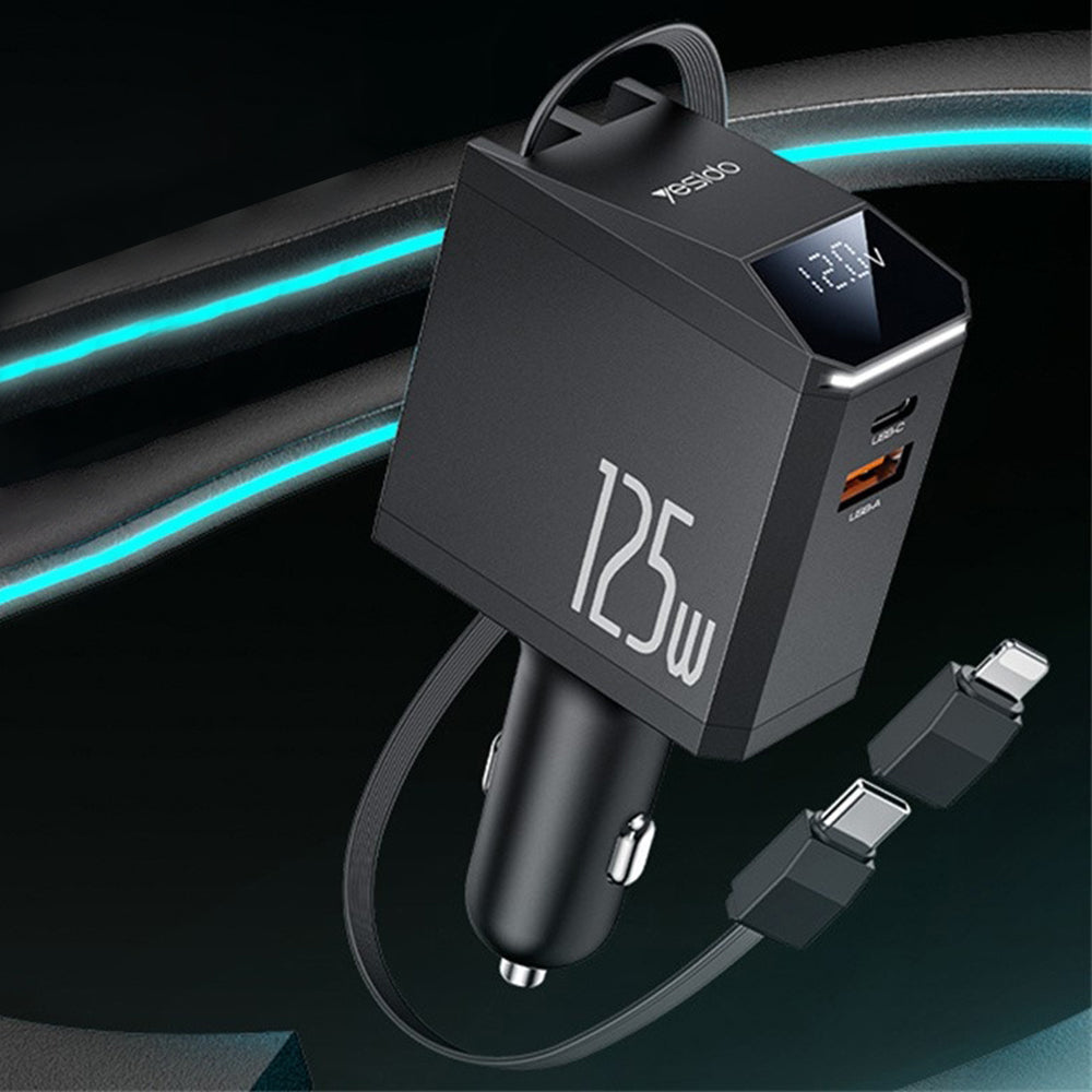 Yesido - 4in1 Car Charger (Y71) - with Type-C Retractable Cable + Lightning Adapter, Dual Port USB-A + Type-C, 125W, LED