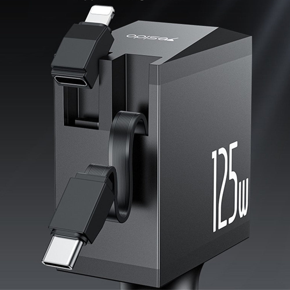 Yesido - 4in1 Car Charger (Y71) - with Type-C Retractable Cable + Lightning Adapter, Dual Port USB-A + Type-C, 125W, LED