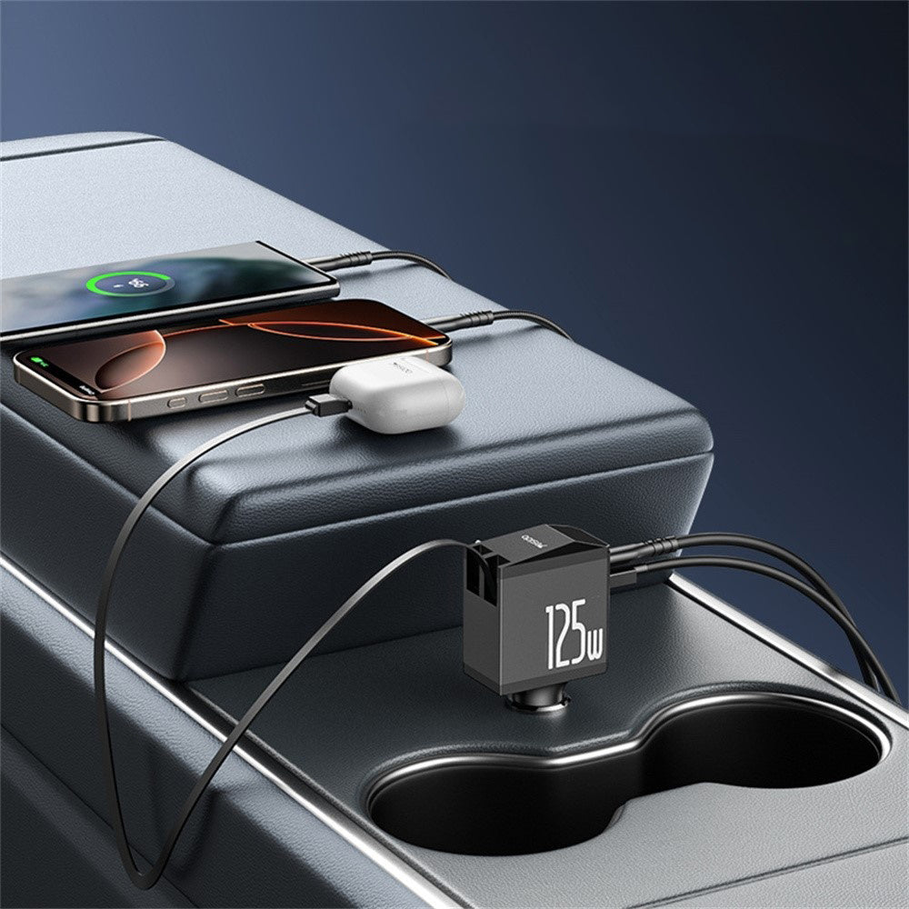 Yesido - 4in1 Car Charger (Y71) - with Type-C Retractable Cable + Lightning Adapter, Dual Port USB-A + Type-C, 125W, LED