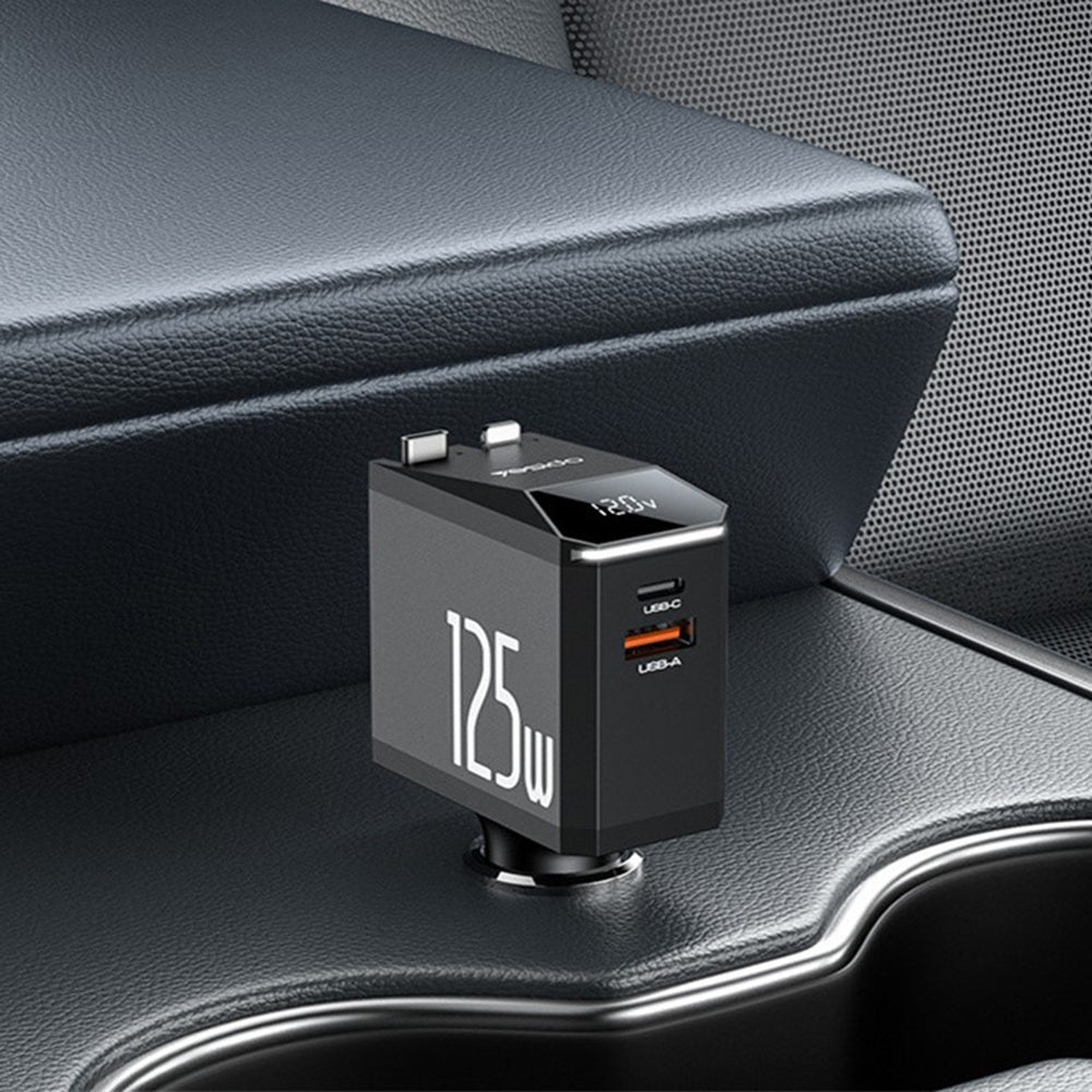 Yesido - 4in1 Car Charger (Y71) - with Type-C Retractable Cable + Lightning Adapter, Dual Port USB-A + Type-C, 125W, LED