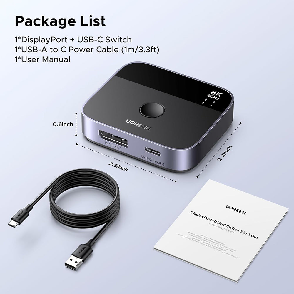 Ugreen - Adapter (65878) - Switch Type-C, DP to Type-C, DP, UHD 4K@240Hz, 3D HDR, Plug&Play, Stable Transmission - Black