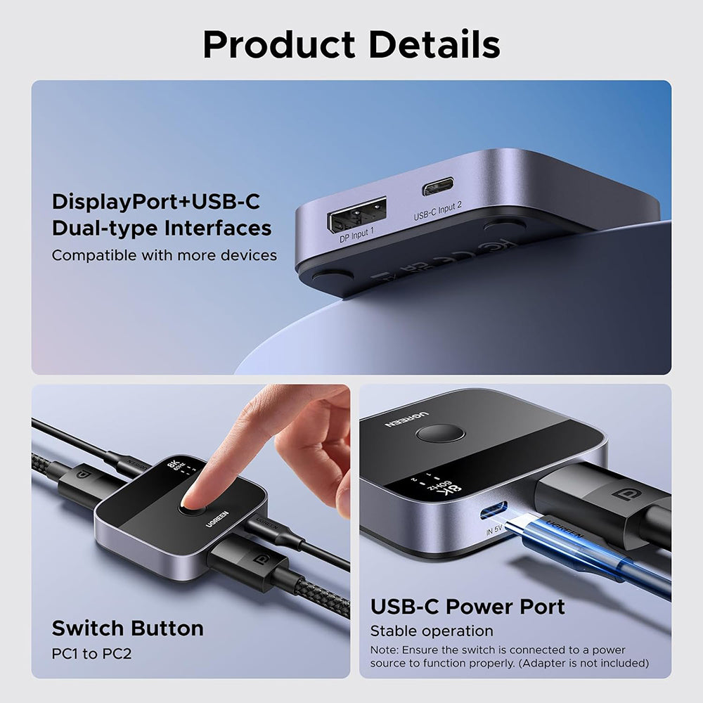 Ugreen - Adapter (65878) - Switch Type-C, DP to Type-C, DP, UHD 4K@240Hz, 3D HDR, Plug&Play, Stable Transmission - Black