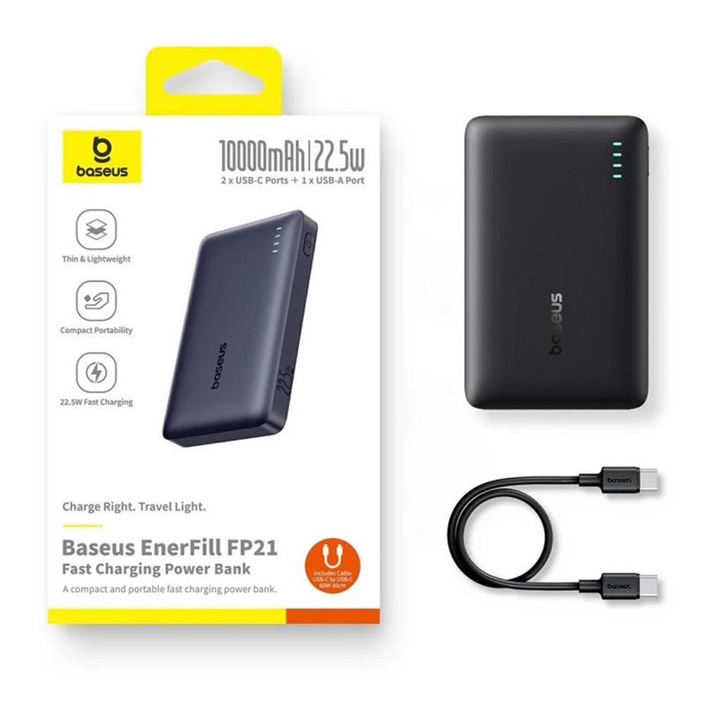 Baseus - Power Bank EnerFill FP21 (P1008210D123-00) - Dual-Port, 10000mAh, 22.5W, Slim Design - Black