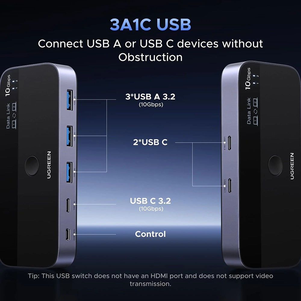 Ugreen - Adapter CM691 (45784) - Sharing Switch 2xUSB-C & Mini USB Input, 3xUSB & USB-C Output, 10Gbps, Plug&Play - Blac