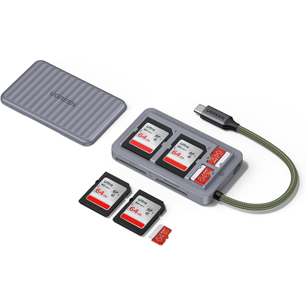 Ugreen - Card Reader (55886) - Type-C to 2x SD, TF Card, Dual Connector, 170MB/s, Plug&Play, Built-in Cable - Grey