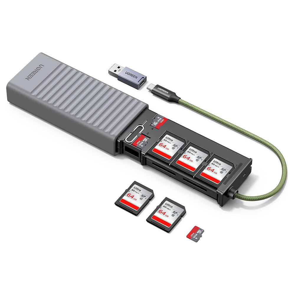 Ugreen - Card Reader CM856 (55899) - USB/Type-C to 6x SD, 2x TF, 1x Nano Sim, with Memory Box, 170MB/s, Built-in Cable -