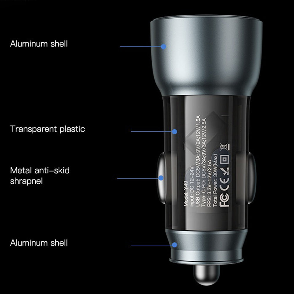 Yesido - Car Charger (Y49) - USB-A, Type-C, LED Light Effect, Fast Charging, 30W - Grey