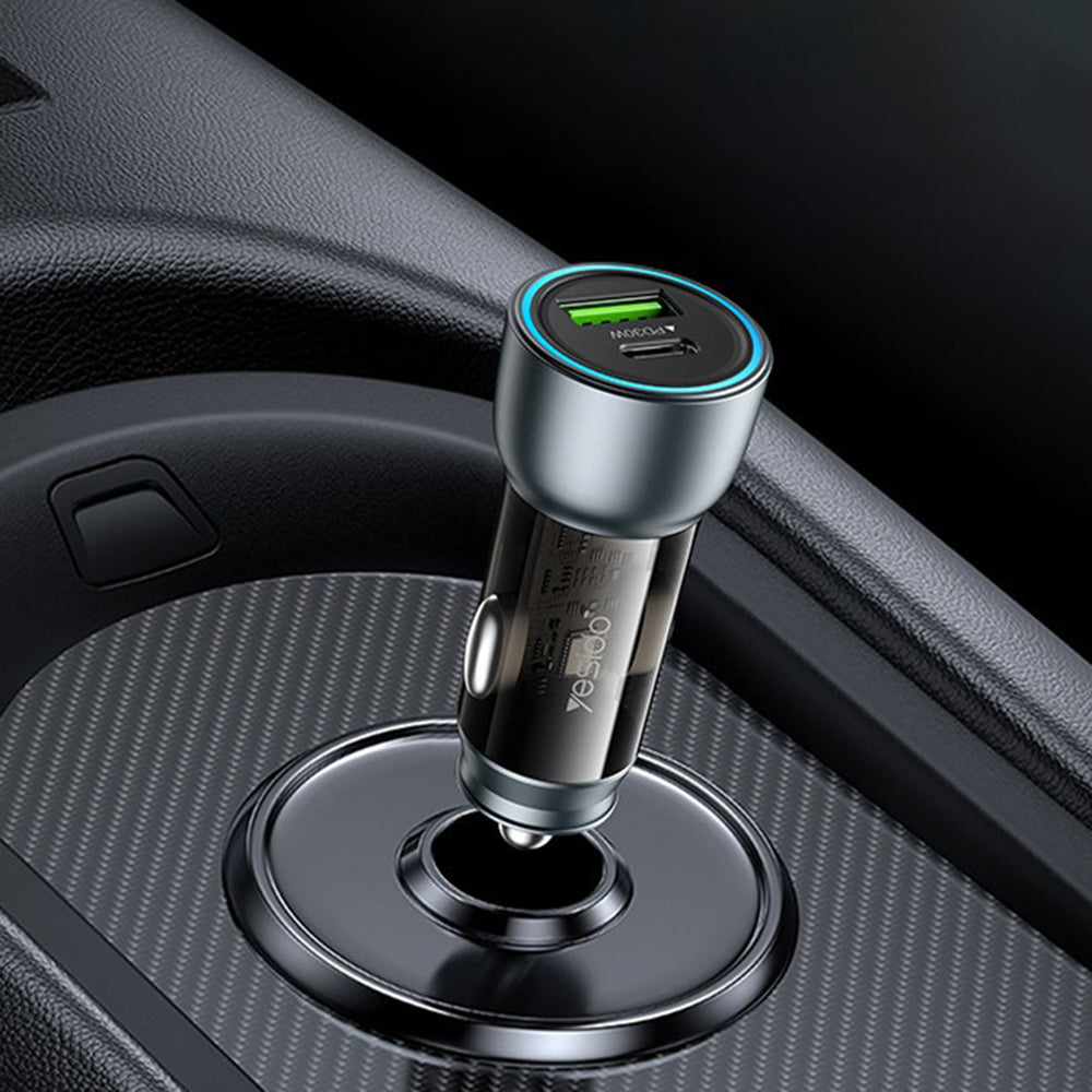Yesido - Car Charger (Y49) - USB-A, Type-C, LED Light Effect, Fast Charging, 30W - Grey