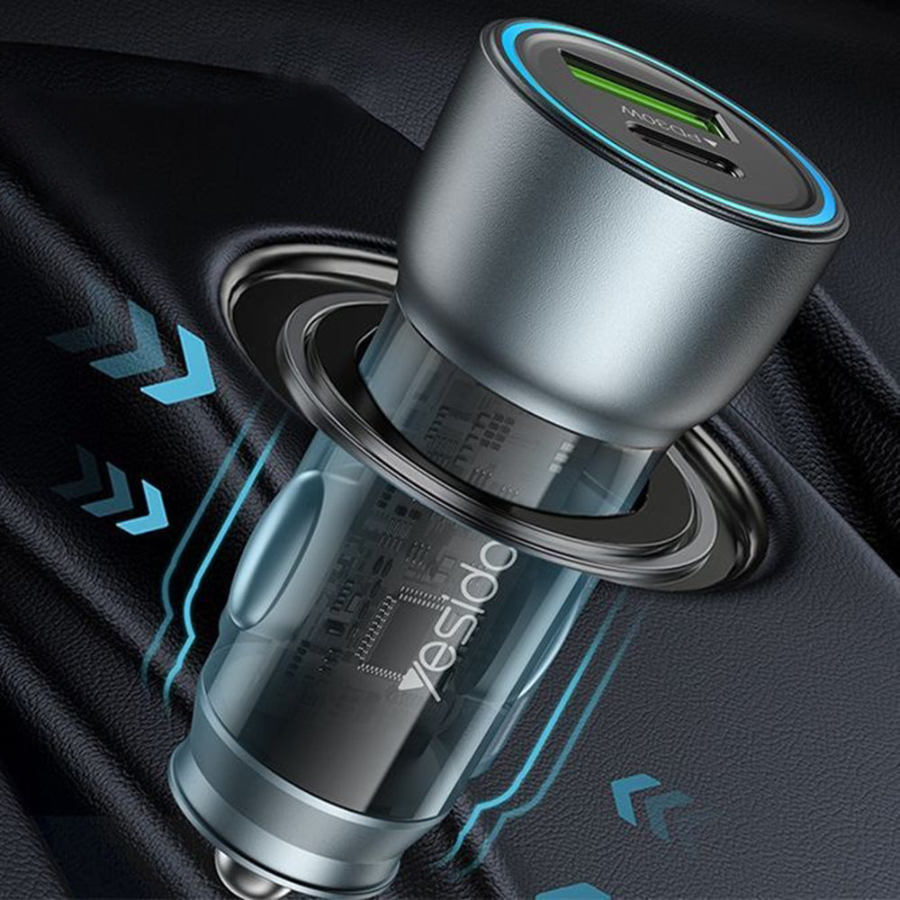 Yesido - Car Charger (Y49) - USB-A, Type-C, LED Light Effect, Fast Charging, 30W - Grey