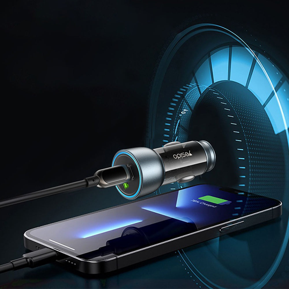 Yesido - Car Charger (Y49) - USB-A, Type-C, LED Light Effect, Fast Charging, 30W - Grey