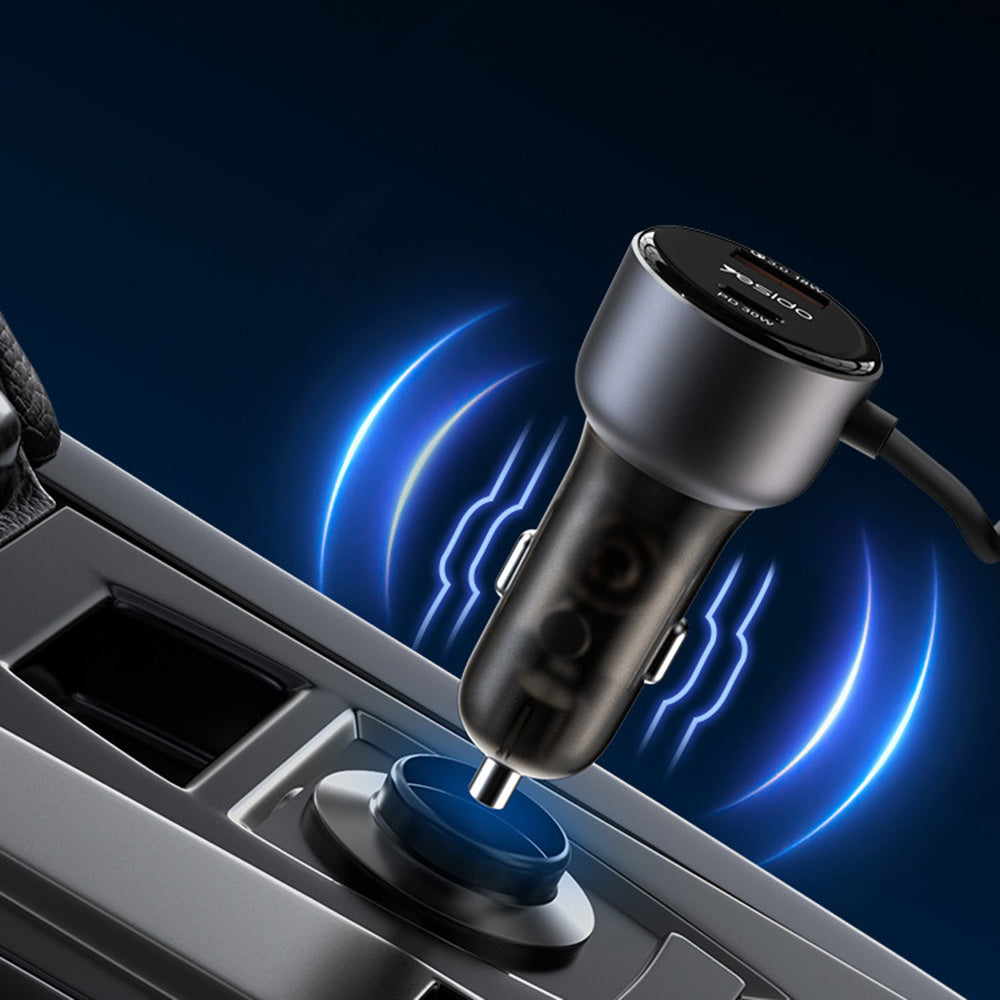 Yesido - Car Charger (Y57) - with Lightning Spring Cable, Type-C/USB-A Ports, 50W, Fast Charging - Black