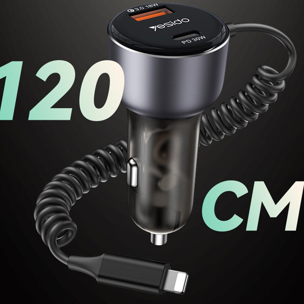 Yesido - Car Charger (Y57) - with Lightning Spring Cable, Type-C/USB-A Ports, 50W, Fast Charging - Black