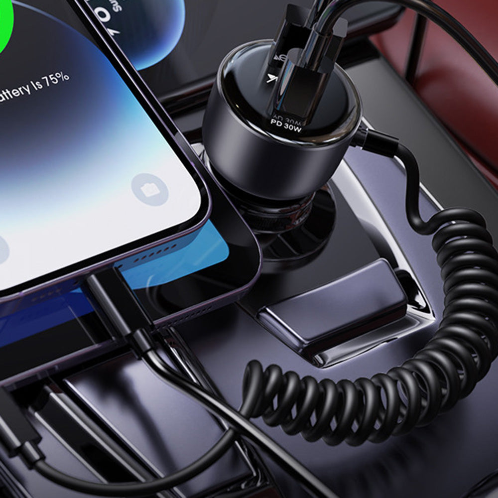 Yesido - Car Charger (Y57) - with Lightning Spring Cable, Type-C/USB-A Ports, 50W, Fast Charging - Black