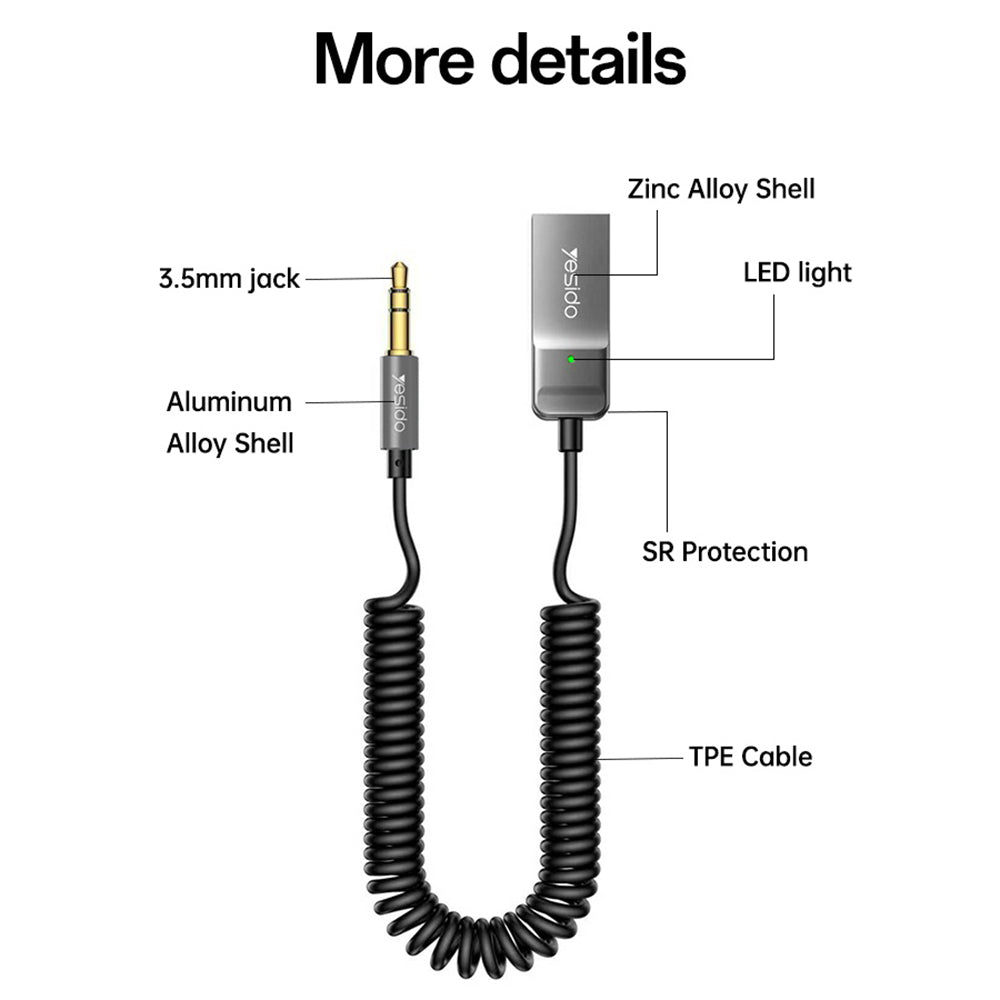 Yesido - Audio Cable (YAU82) - Bluetooth Car Player, USB to Jack 3.5mm, Coil Design, Nylon Braided, 1.4m - Black