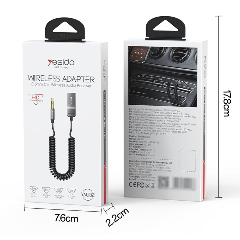 Yesido - Audio Cable (YAU82) - Bluetooth Car Player, USB to Jack 3.5mm, Coil Design, Nylon Braided, 1.4m - Black