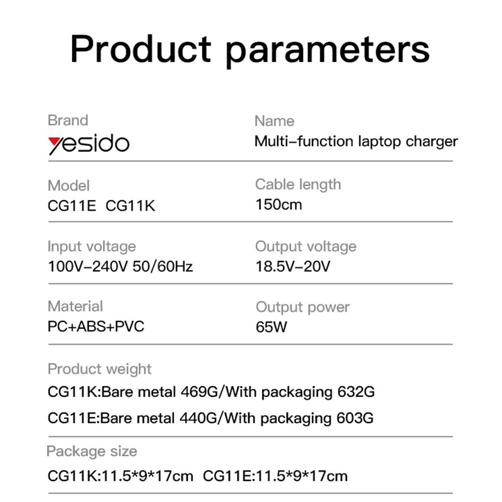 Adaptor pentru Alimentare Laptop, Compatibilitate Universala - Yesido (CG11E)  - Black
