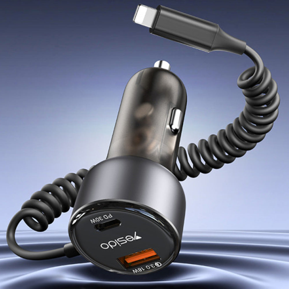 Yesido - Car Charger (Y57) - with Lightning Spring Cable, Type-C/USB-A Ports, 50W, Fast Charging - Black